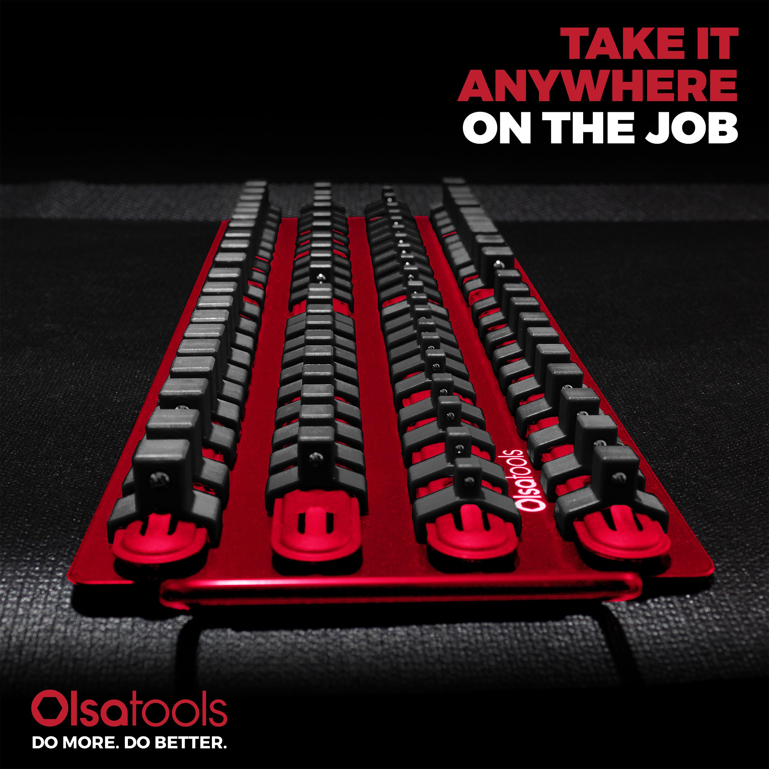 Olsa Tools multi-drive compatibility tray fits 1/4, 3/8, and 1/2 inch sockets.