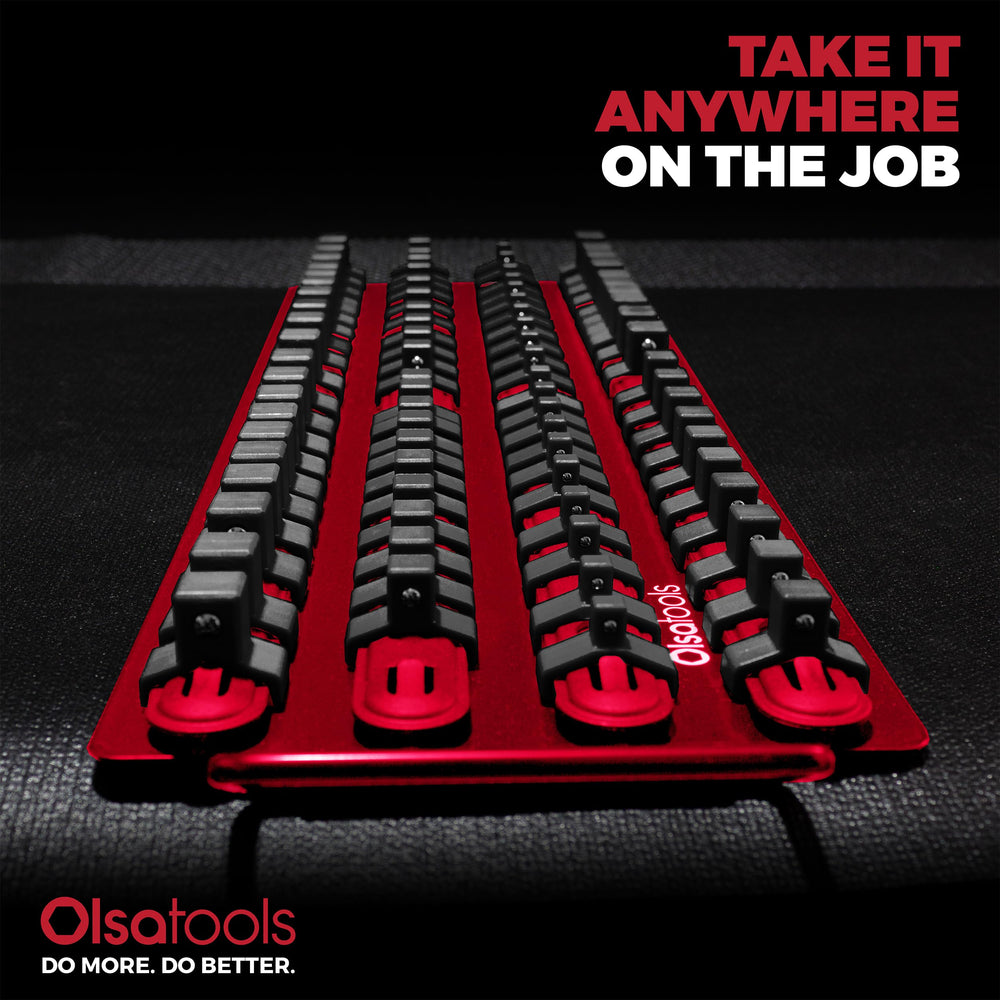 Olsa Tools multi-drive compatibility tray fits 1/4, 3/8, and 1/2 inch sockets.