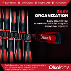 Olsa Tools screwdriver holder with foam backing protects mounting surface.