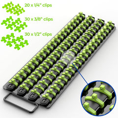Olsa Tools green clips closeup shows secure hold on sockets for reliable organization.