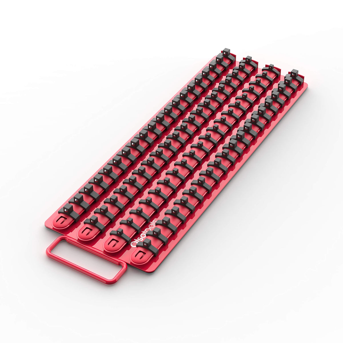 Olsa Tools socket organizer tray with red rail holds 80 sockets securely.