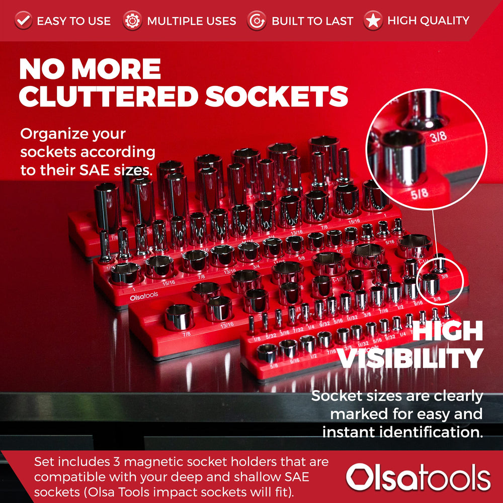 Olsa Tools strong magnets secure sockets on metal surfaces.