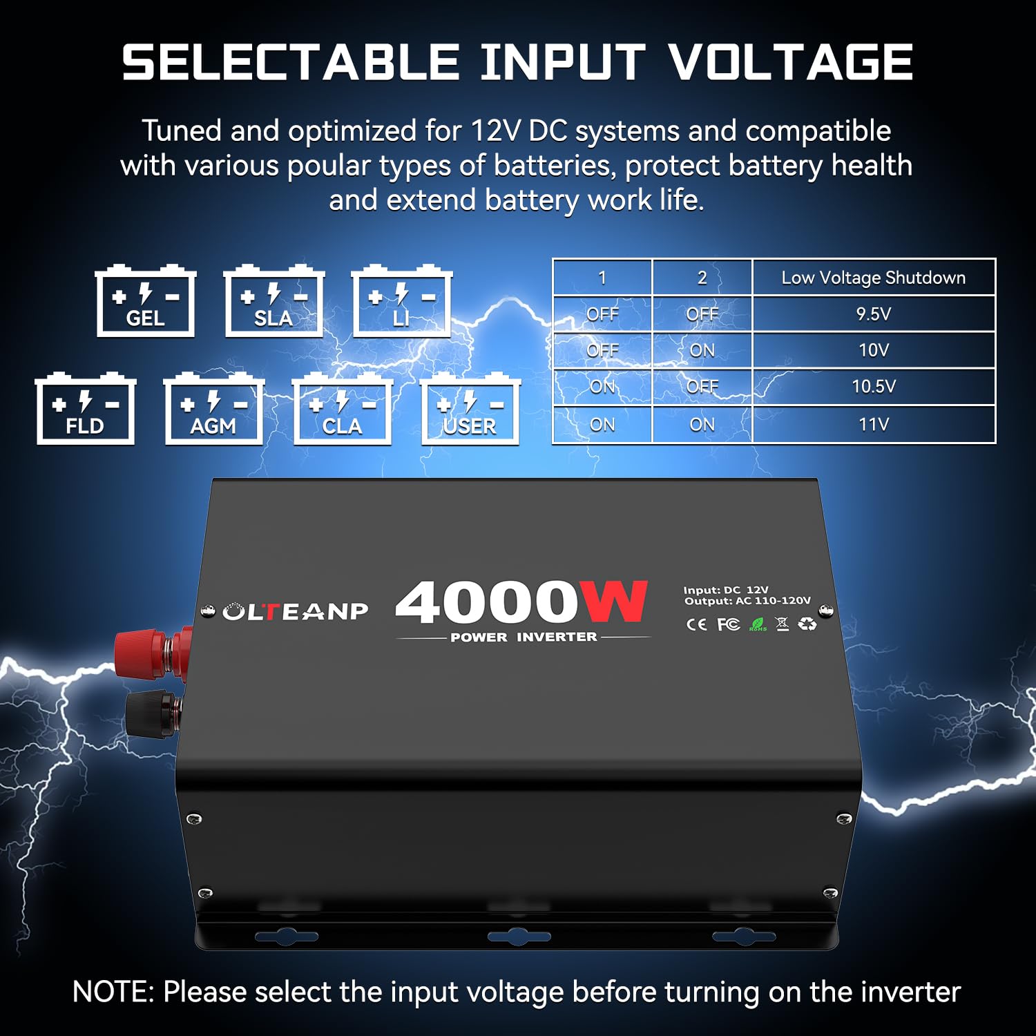 OLTEANP 4000W inverter with four AC outlets ready for simultaneous devices