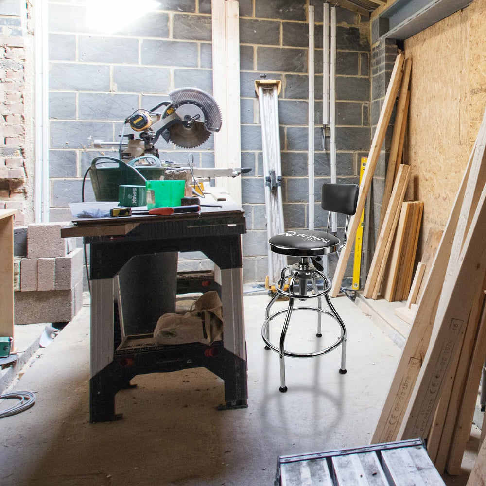 Olympia Tools 82-738 stool rotates 360 degrees for versatile workshop positioning.