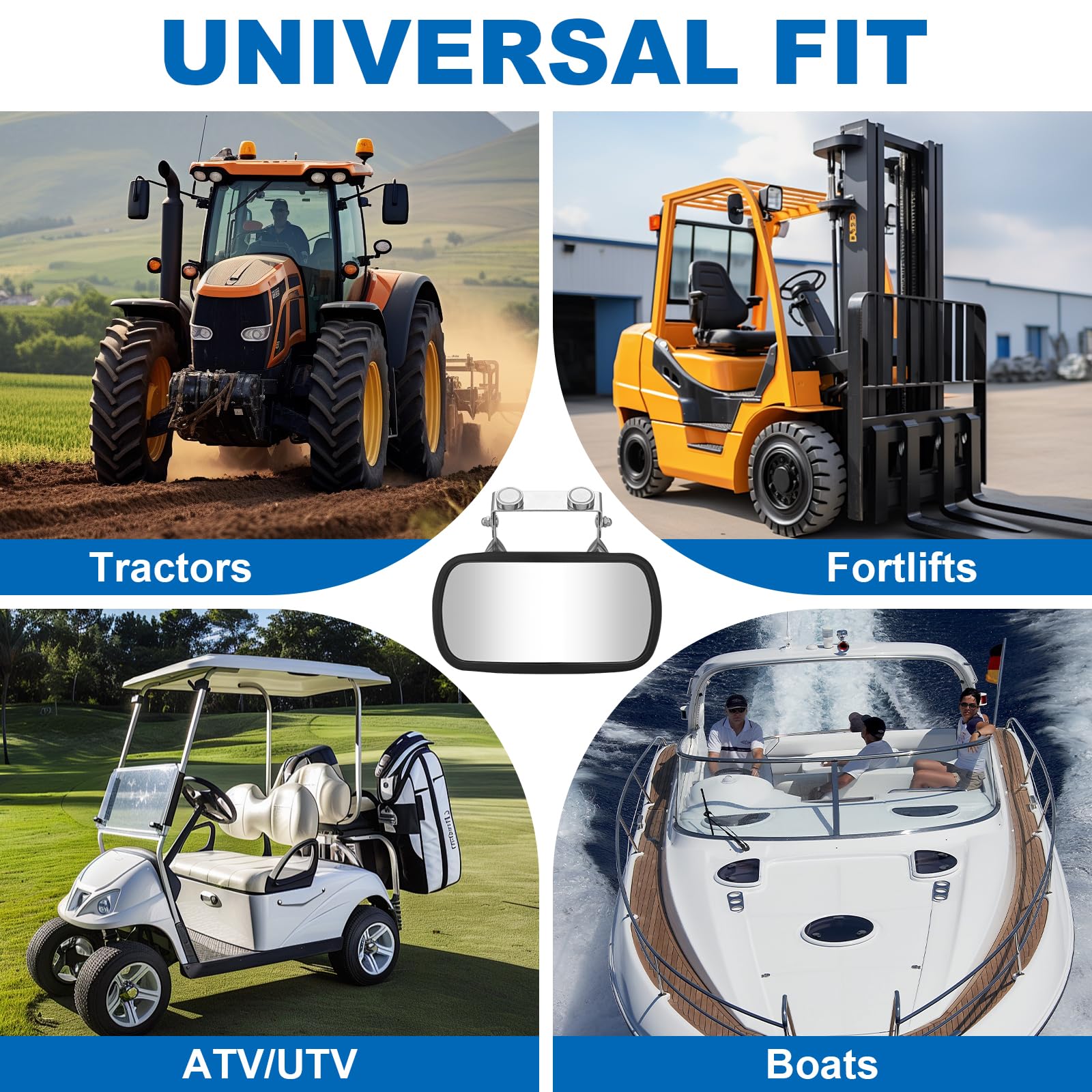 Omgro versatile rearview solution fits tractors, golf carts, and lifts.