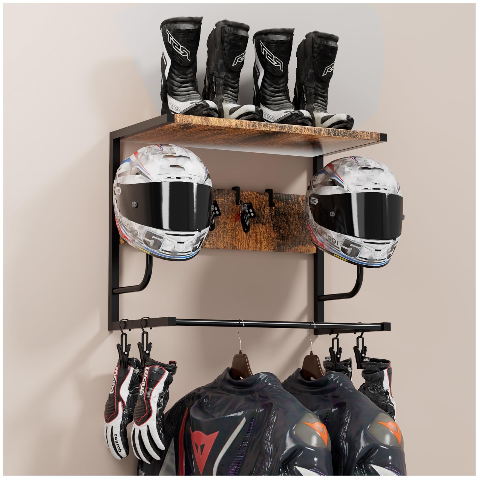 OMISRUIS helmet holder wall-mounted with wooden boards for secure helmet storage