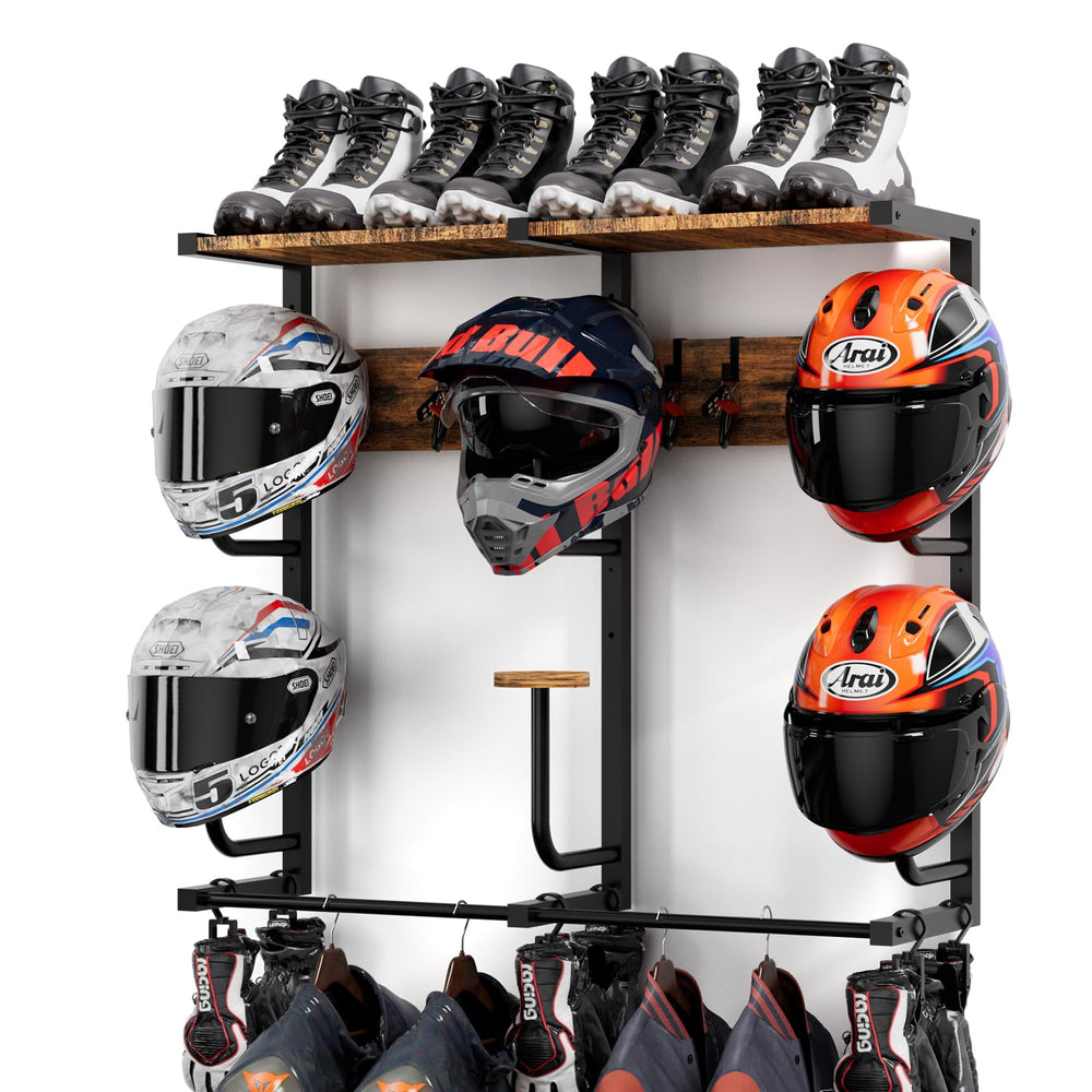 OMISRUIS helmet rack with 6 J-hooks showing organized helmets for easy access
