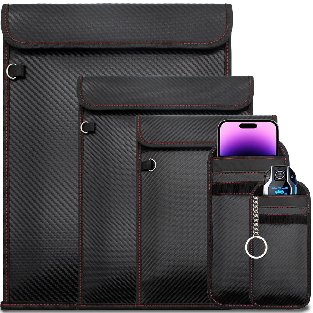 OMKHE Faraday Bag 5-piece set blocks signals for laptops and tablets, protecting privacy on the go.