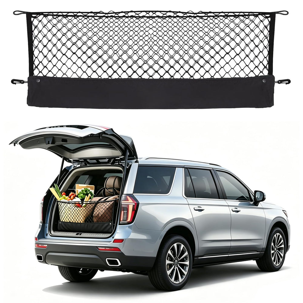Omocyra envelope-style cargo net installed in a Tahoe trunk keeps items organized.