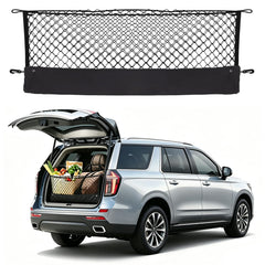 Omocyra envelope-style cargo net installed in a Tahoe trunk keeps items organized.