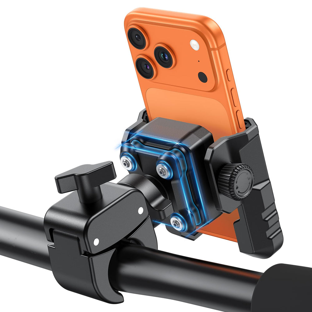 OMOTON BK01 anti-vibration phone holder on handlebars keeps navigation steady.