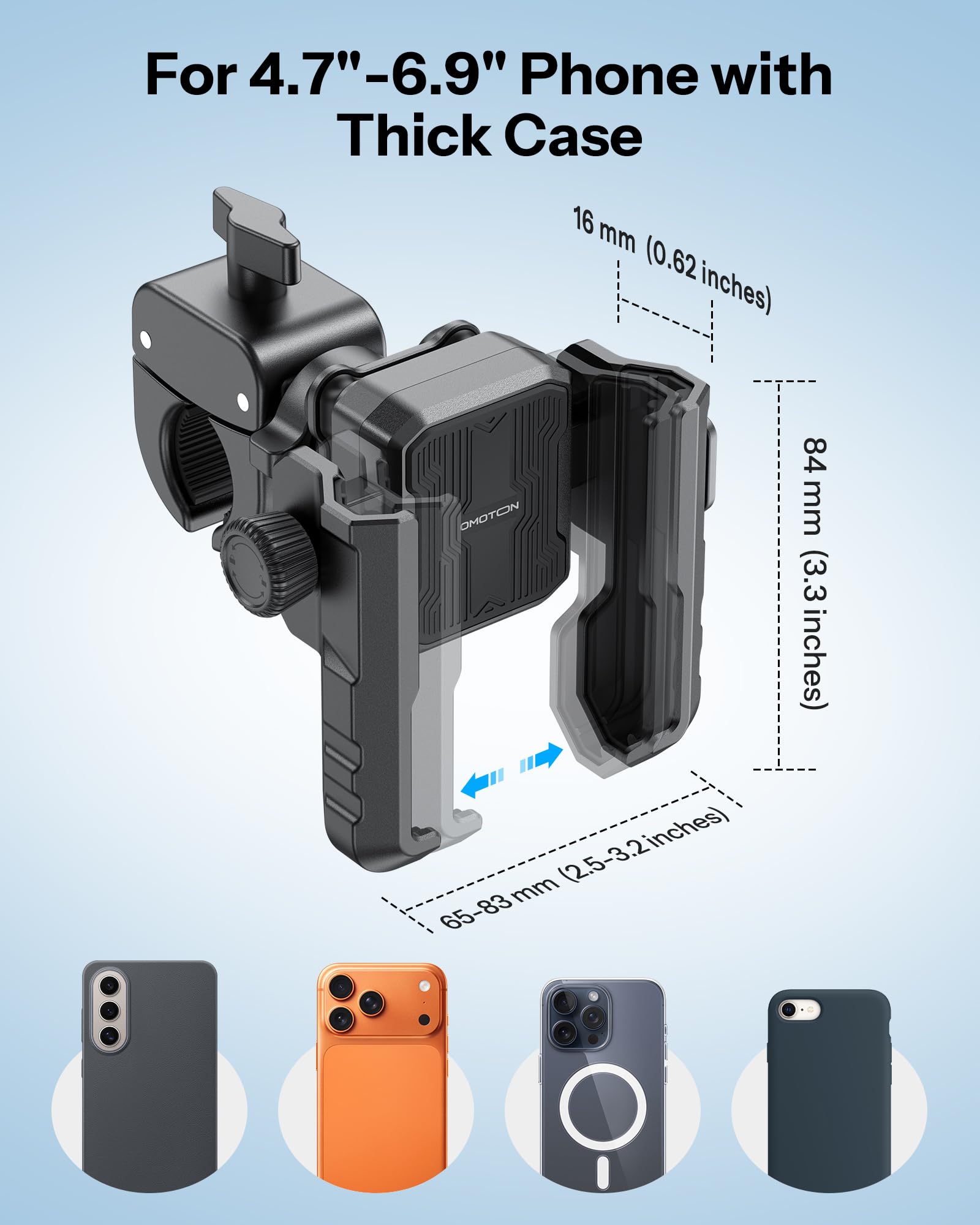 OMOTON BK01 phone fits 4.7 to 7 inches with case.