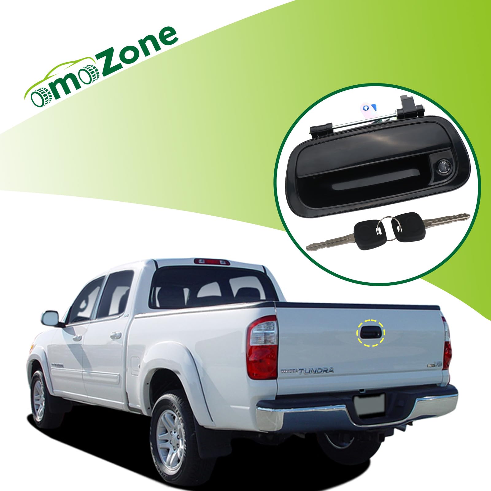 OmoZone tailgate latch with key cylinder closeup showing secure lock