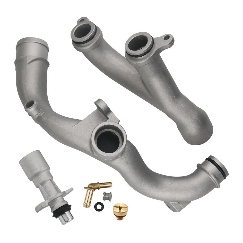 omoZone upgraded coolant outlet pipes kit front view, durable aluminum for reliable engine cooling.