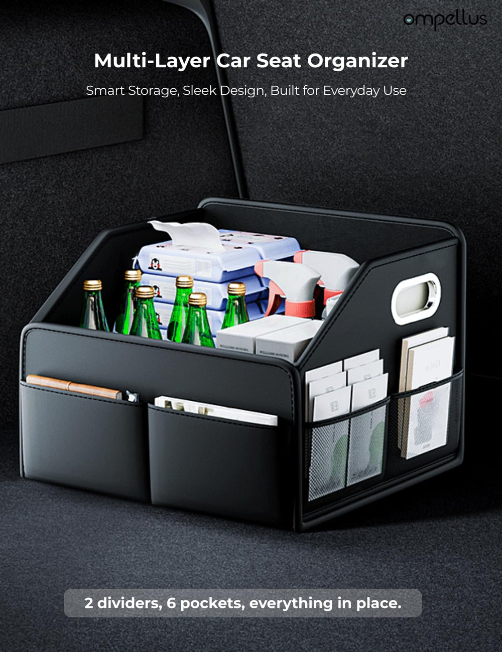 Ompellus seatback storage with metal handles adds sturdy portability for groceries and tools.