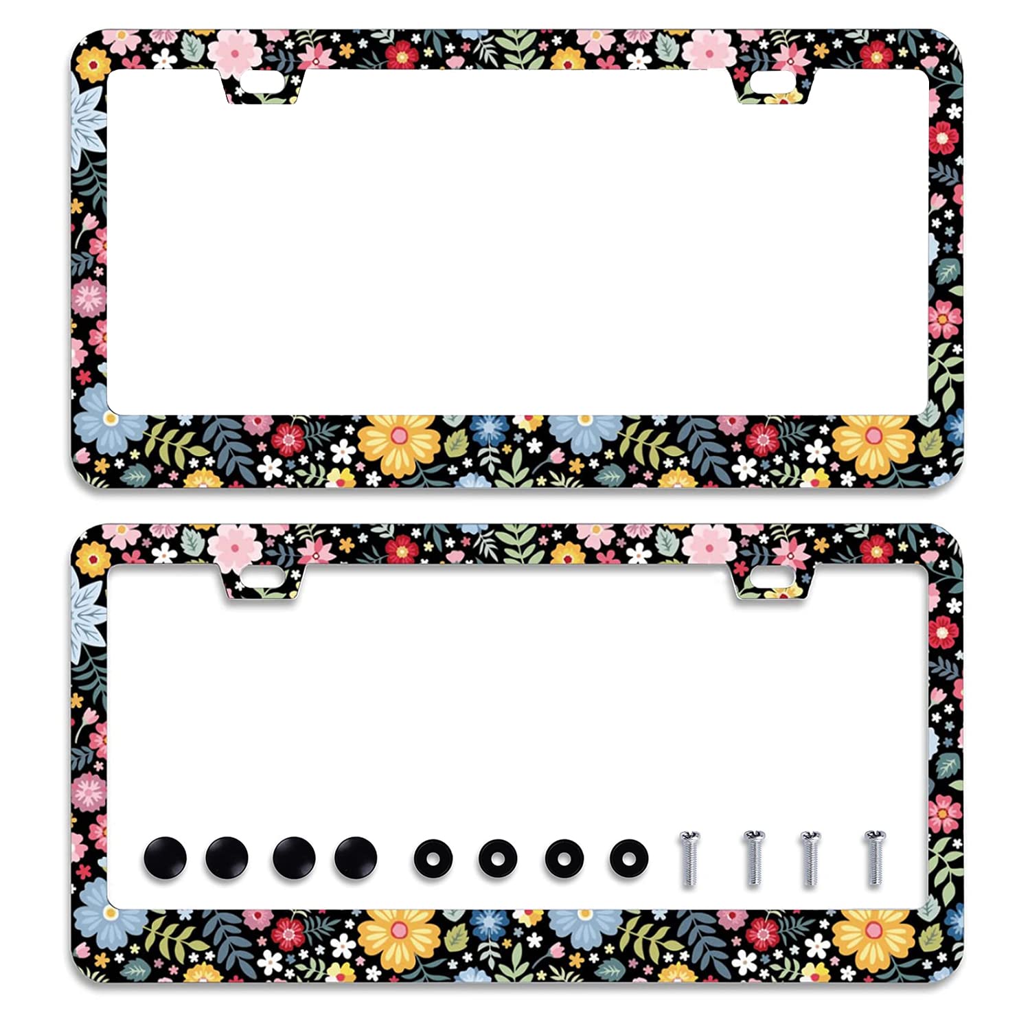 Omw2fyb colorful flowers license frame front view enhances car style.