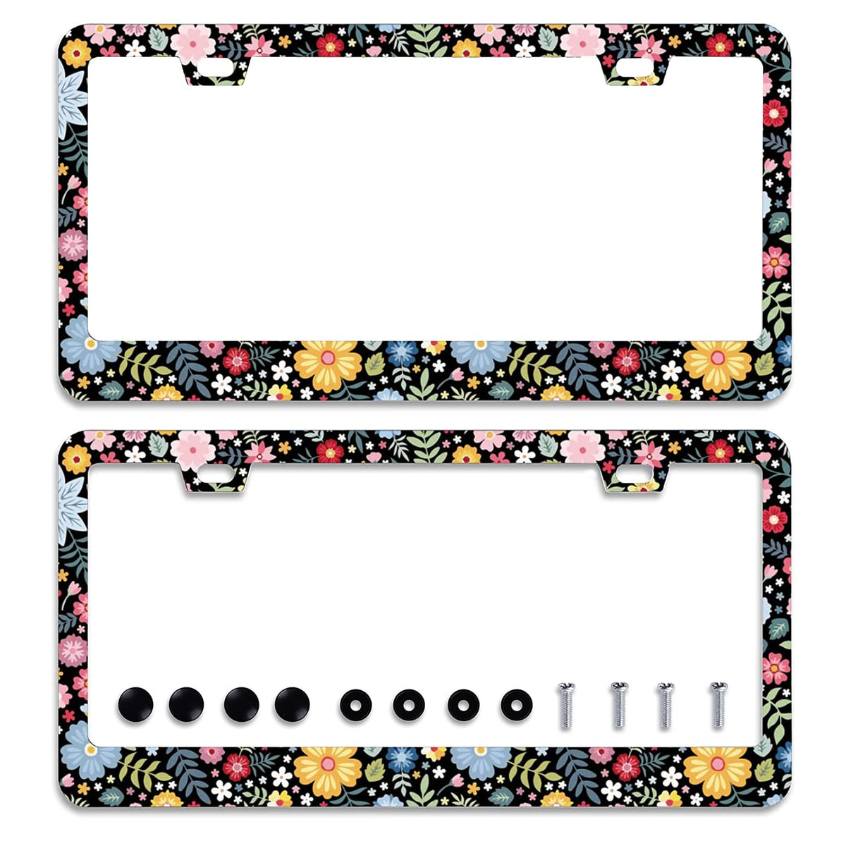 Omw2fyb colorful flowers license frame front view enhances car style.