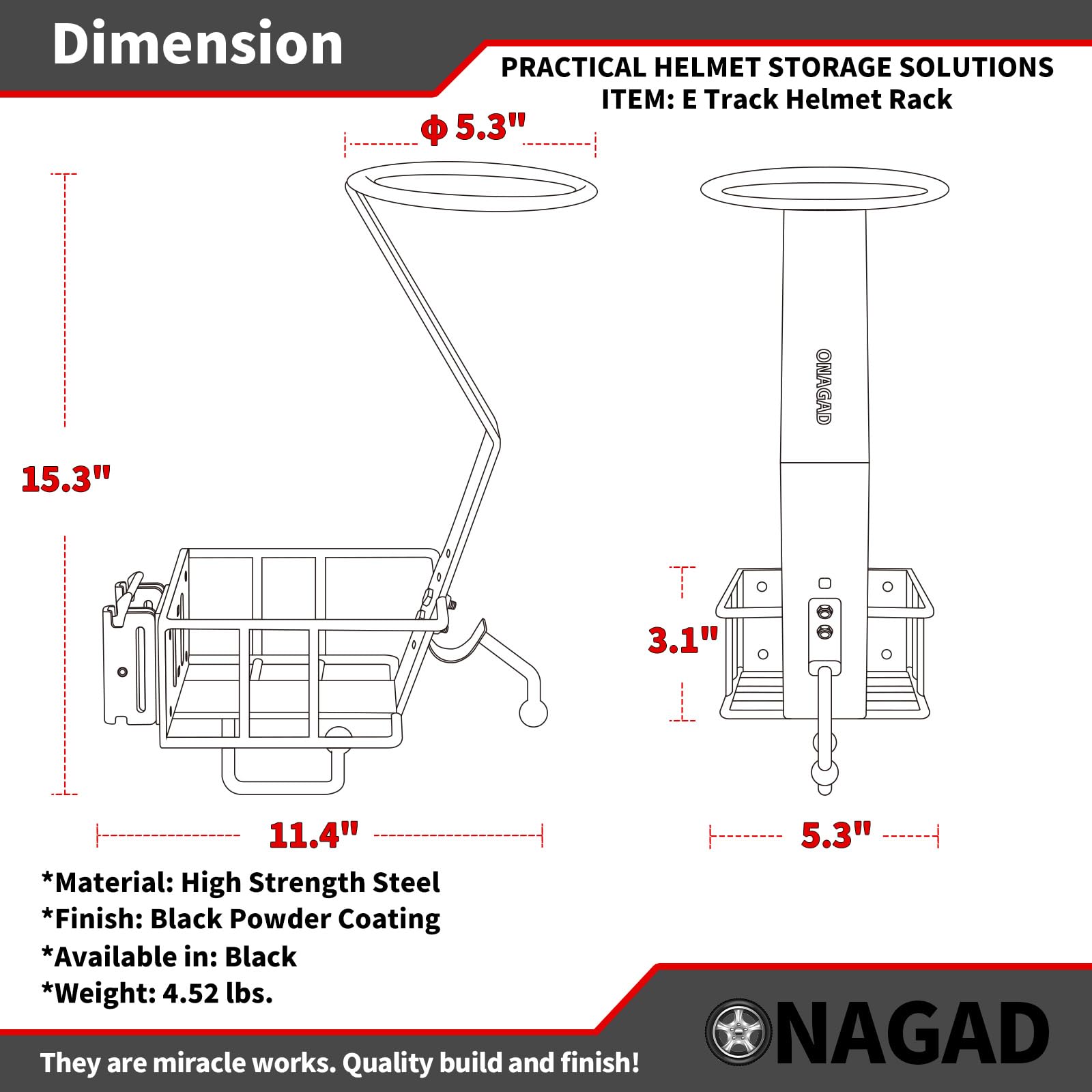 ONAGAD E Track helmet rack features chin-strap fixing hook for secure transport.