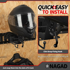 ONAGAD E Track helmet rack with gloves tray keeps helmets and gloves neatly organized.