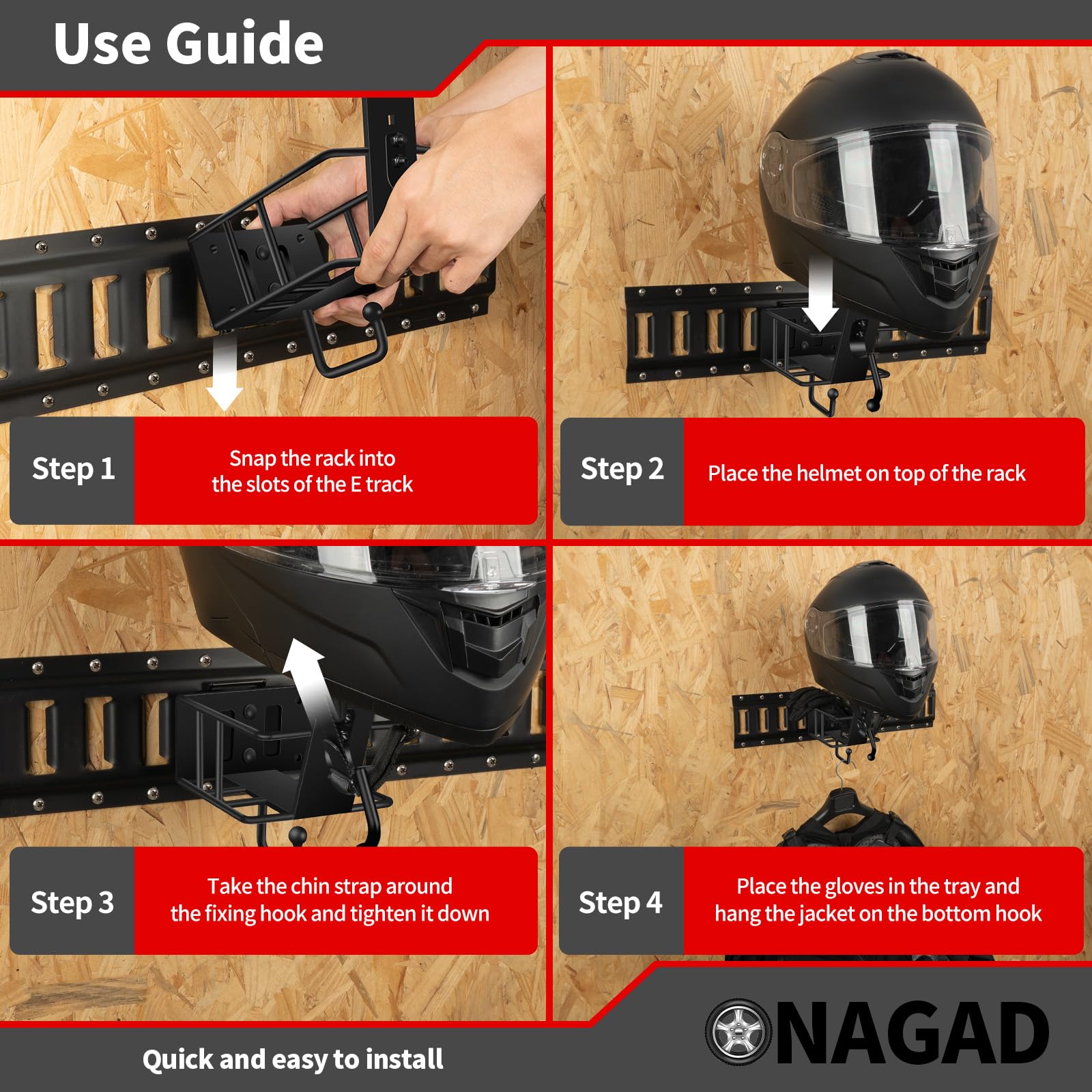 ONAGAD E Track helmet rack keeps helmets scratch-free with bottom gloves hanger.