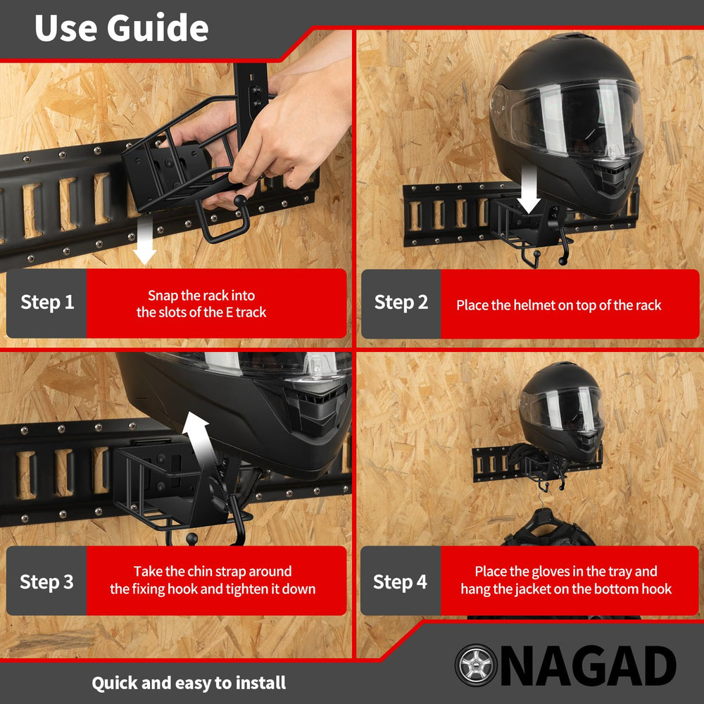 ONAGAD E Track helmet rack keeps helmets scratch-free with bottom gloves hanger.