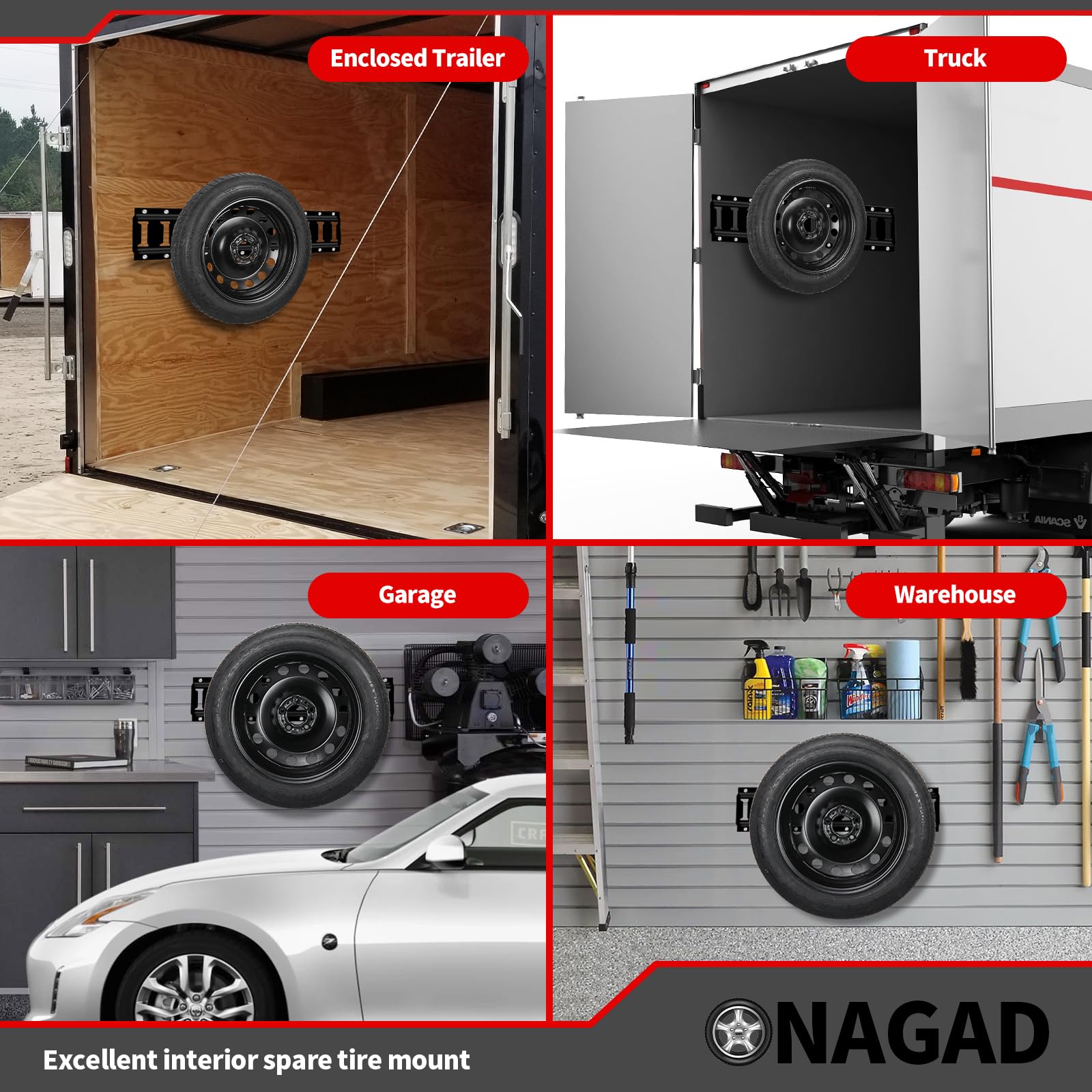 ONAGAD wall-mount E-Track tire holder keeps tires off the floor.