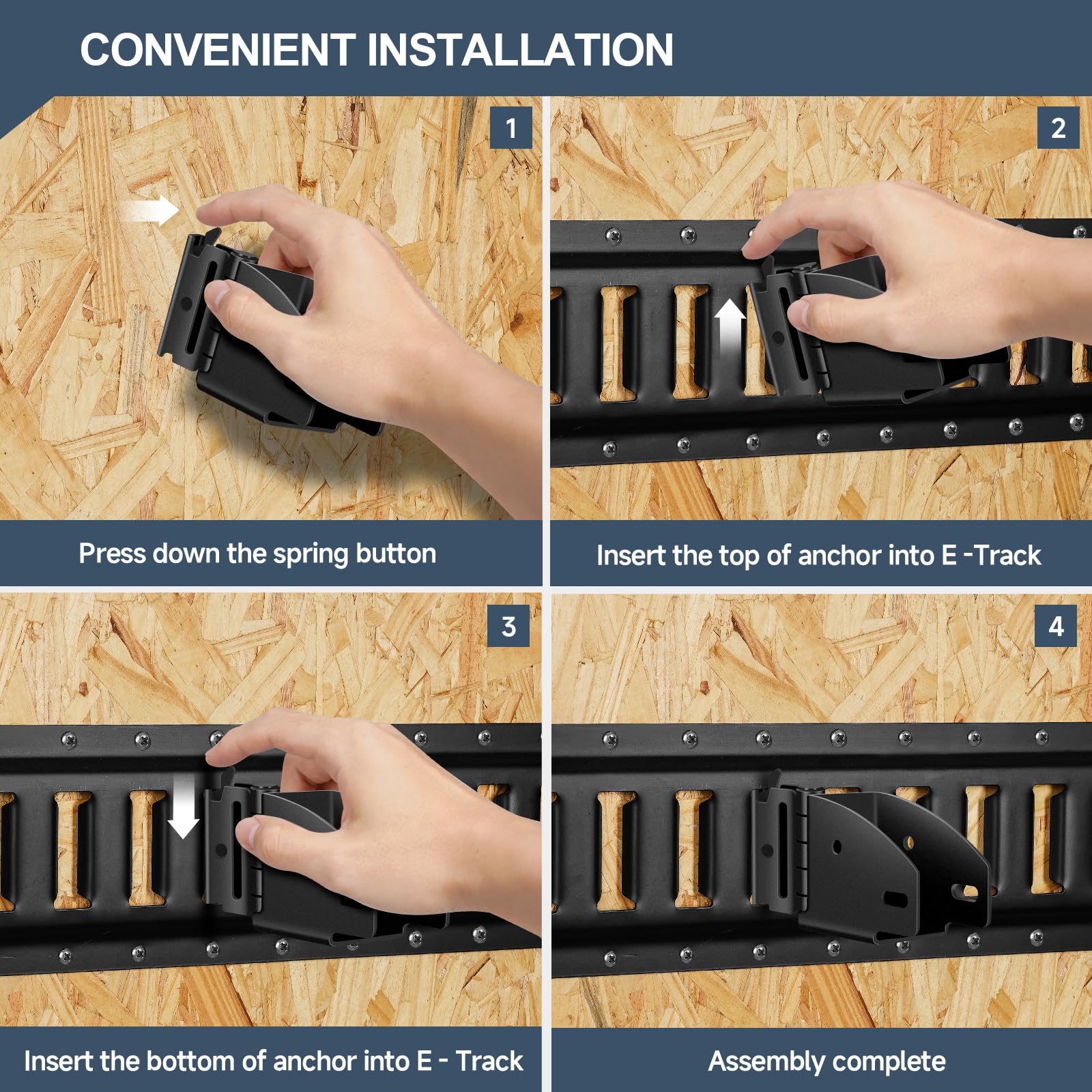 Onesnt zinc-coated brackets clip into E-Track rails for easy shelf customization