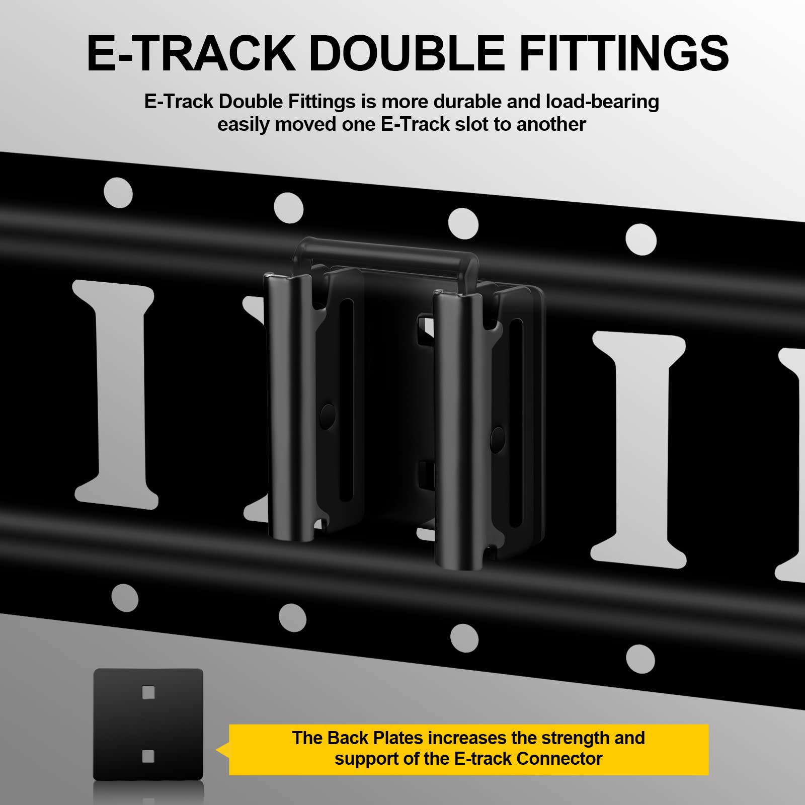 Onesnt e-track connector with bolts and back plates for sturdy, rust-resistant use.