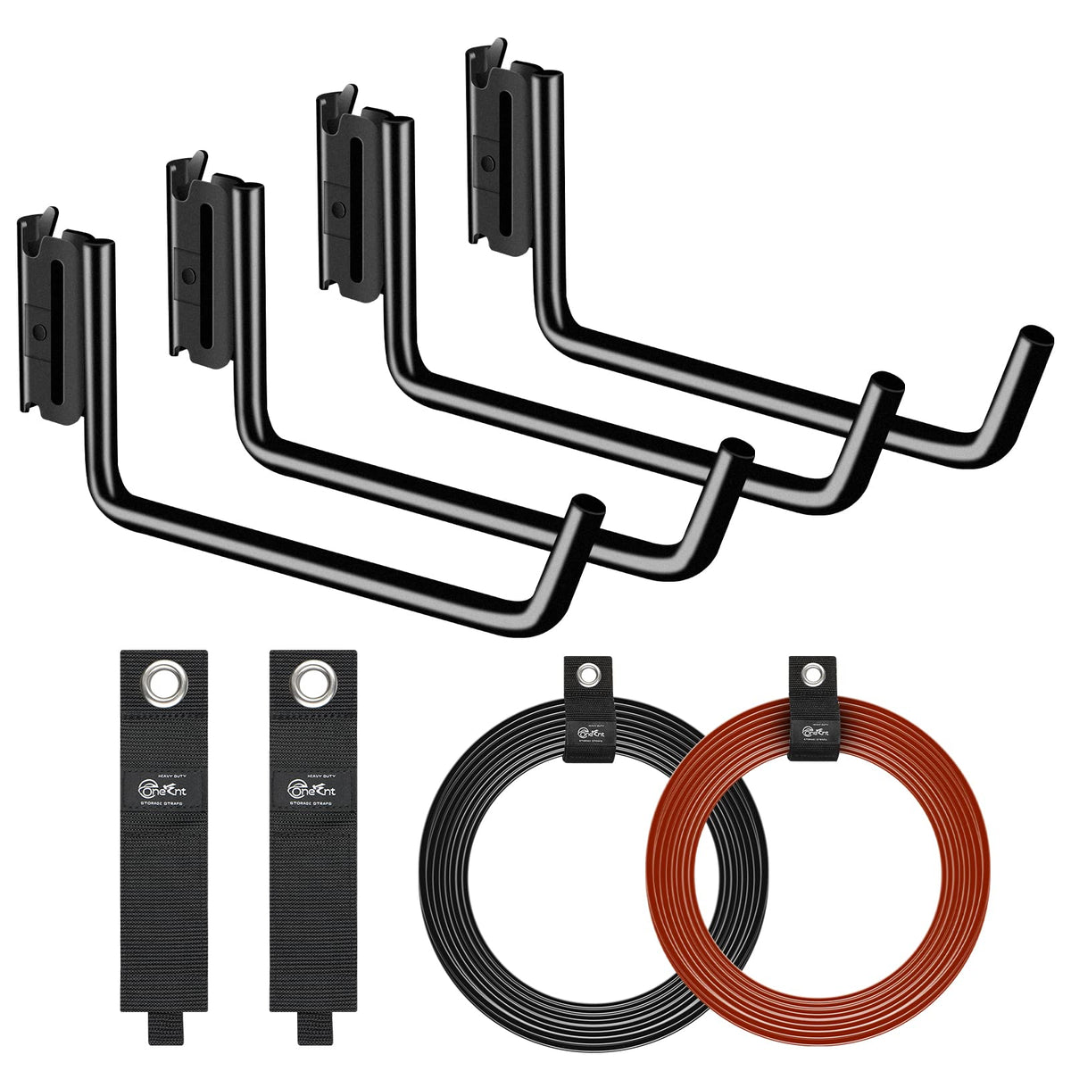 Onesnt E-Track J Hook 4pc on rails for secure cargo tie-down.
