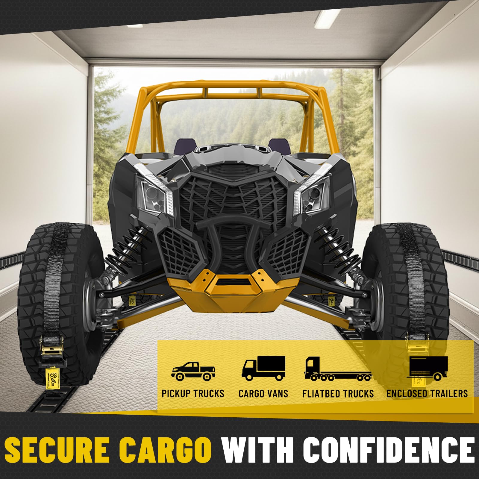 Onesnt E-Track unboxed contents organized for secure cargo management.