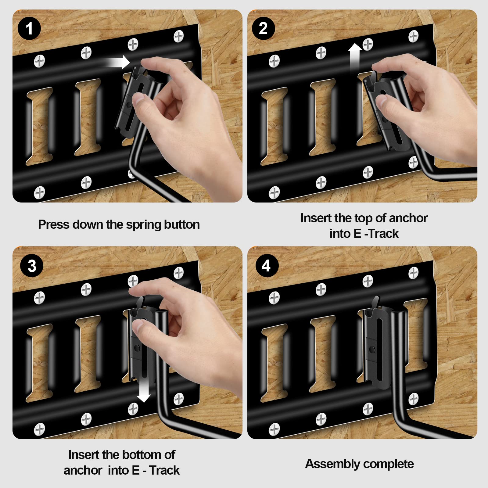Onesnt shovel hanger on E-Track keeps tools accessible.