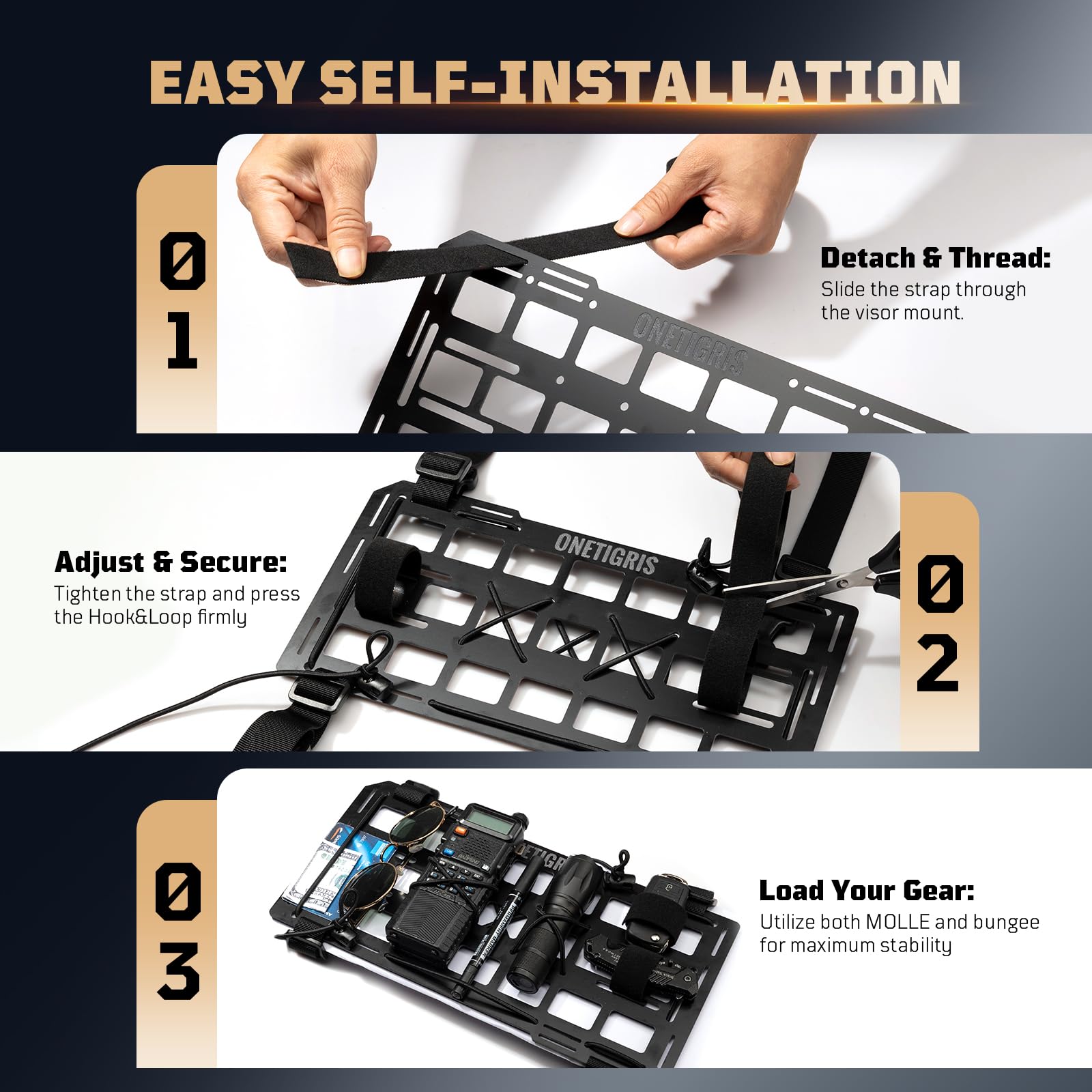 ONETIGRIS secure, tool-free installation on sun visor