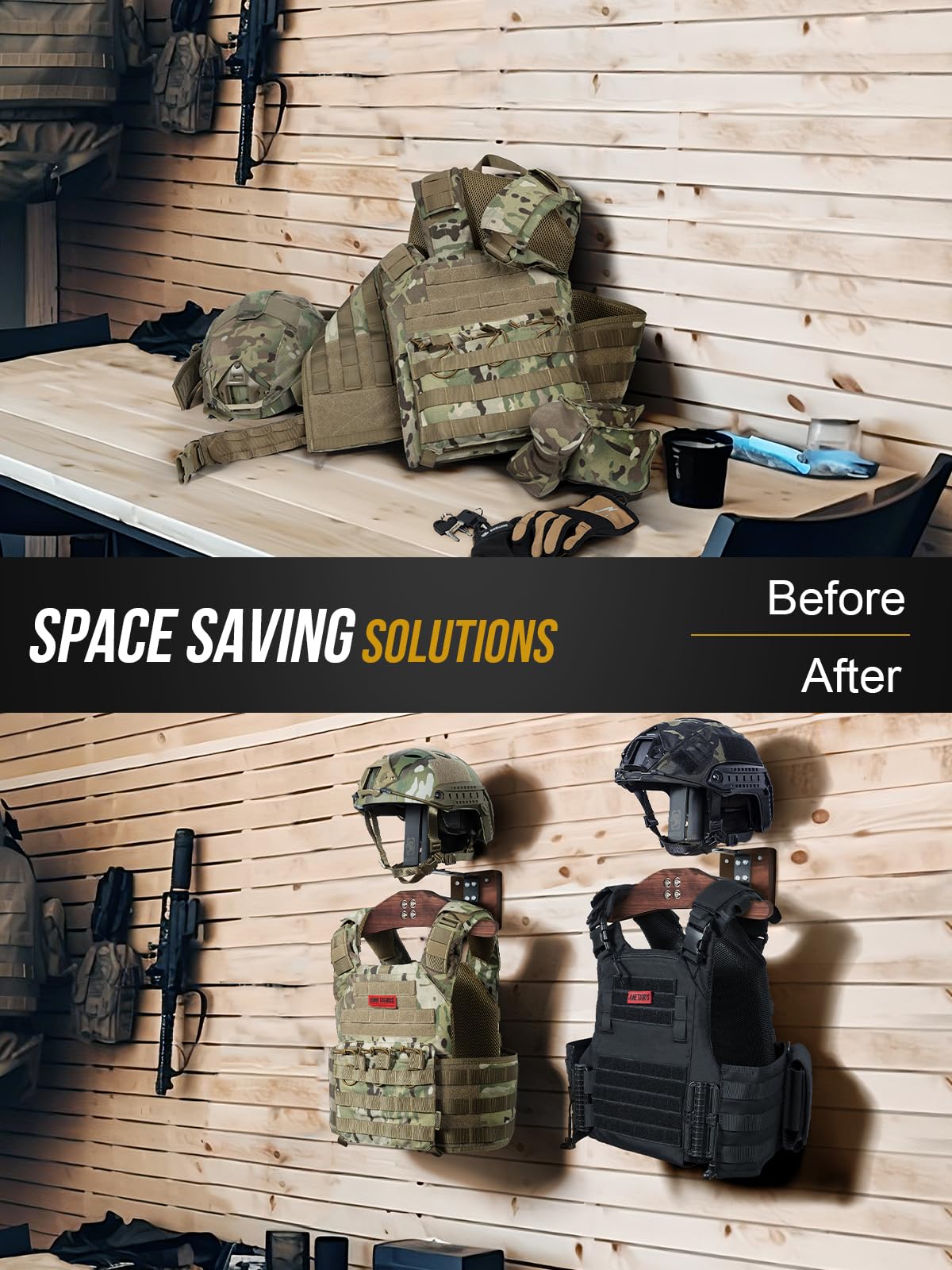 ONETIGRIS vest-wall-mount-hanger keeps tactical vests neatly displayed.