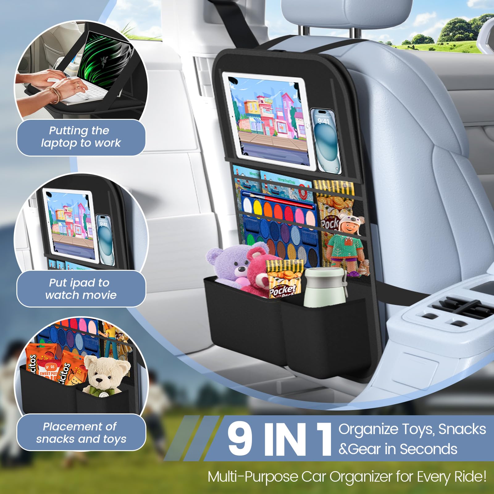Oneyus 600D Oxford fabric backseat organizer resists tears and cleans easily.