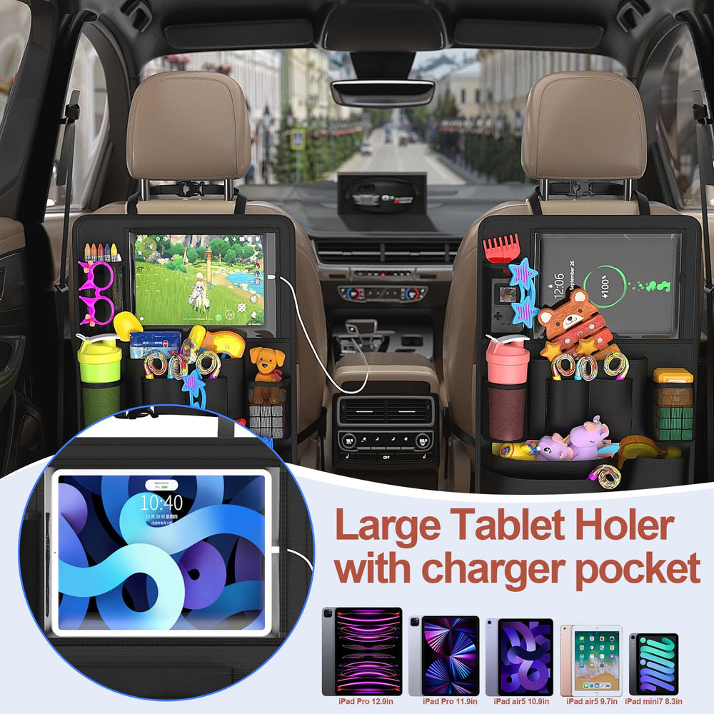 Oneyus backseat organizer with 10 pockets for snacks, toys, and drinks at hand