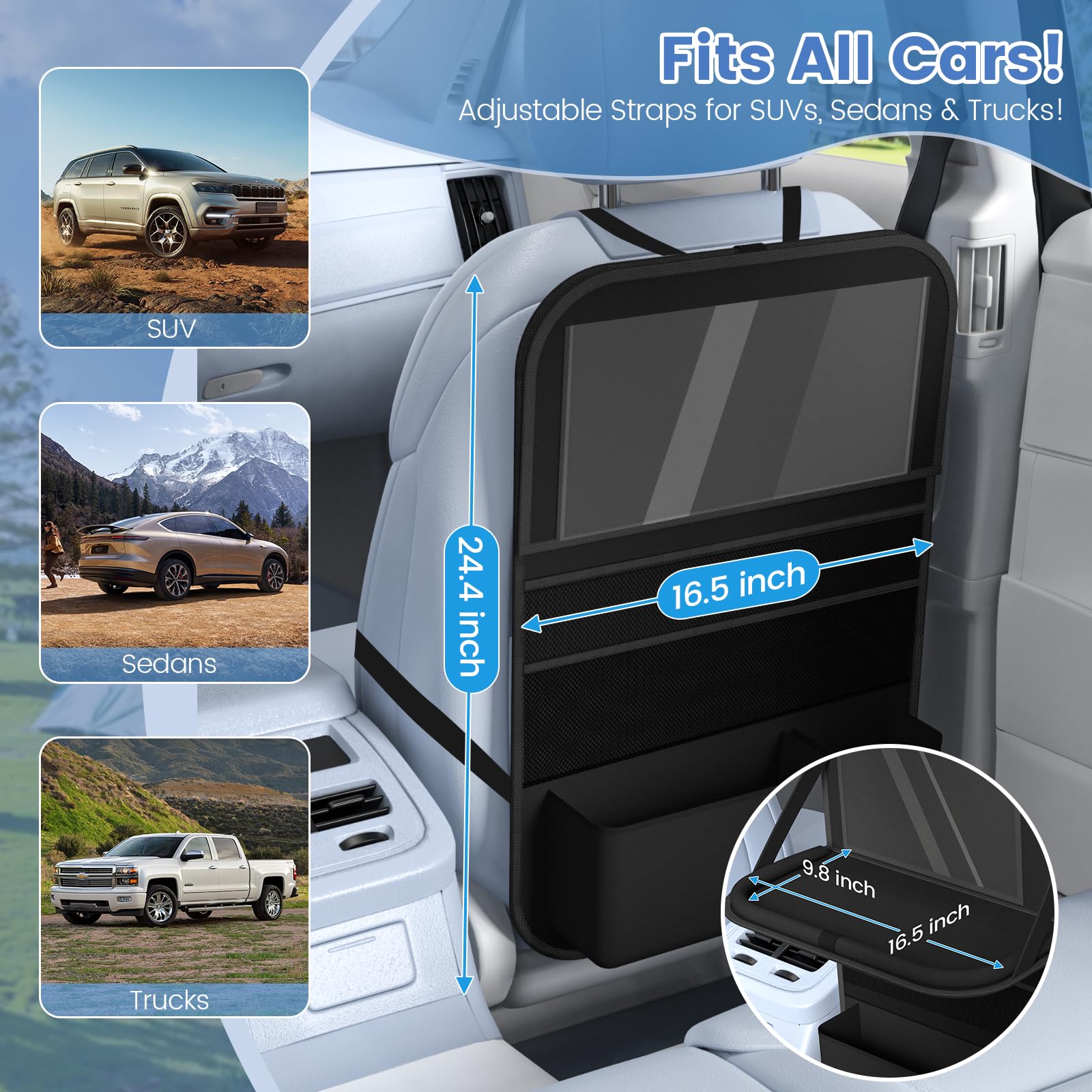 Oneyus backseat organizer with 9 pockets for toys, snacks, and devices.