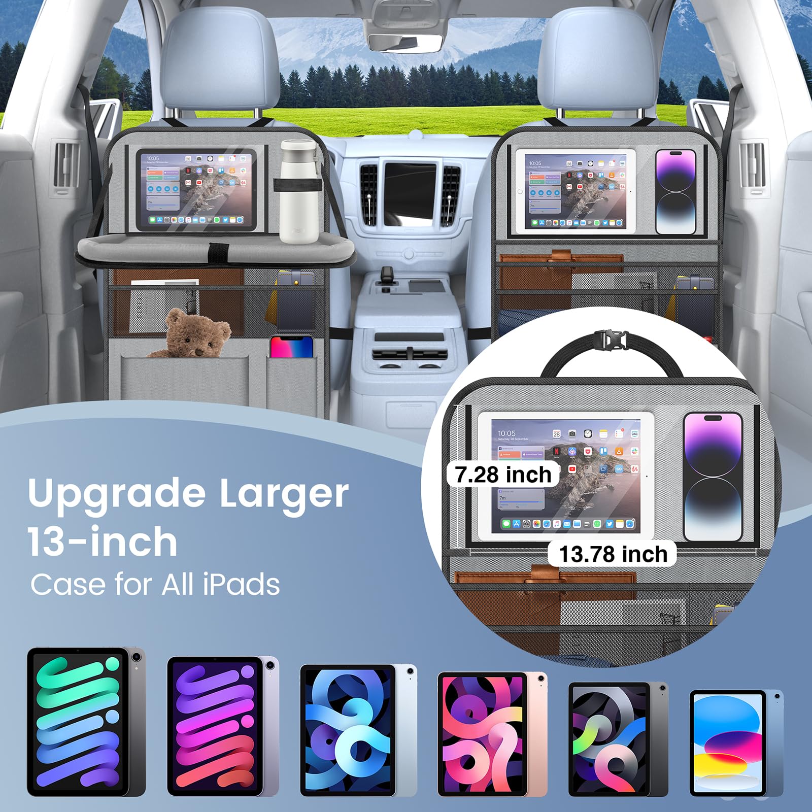 Oneyus backseat organizer offers large pockets for toys and snacks within reach.