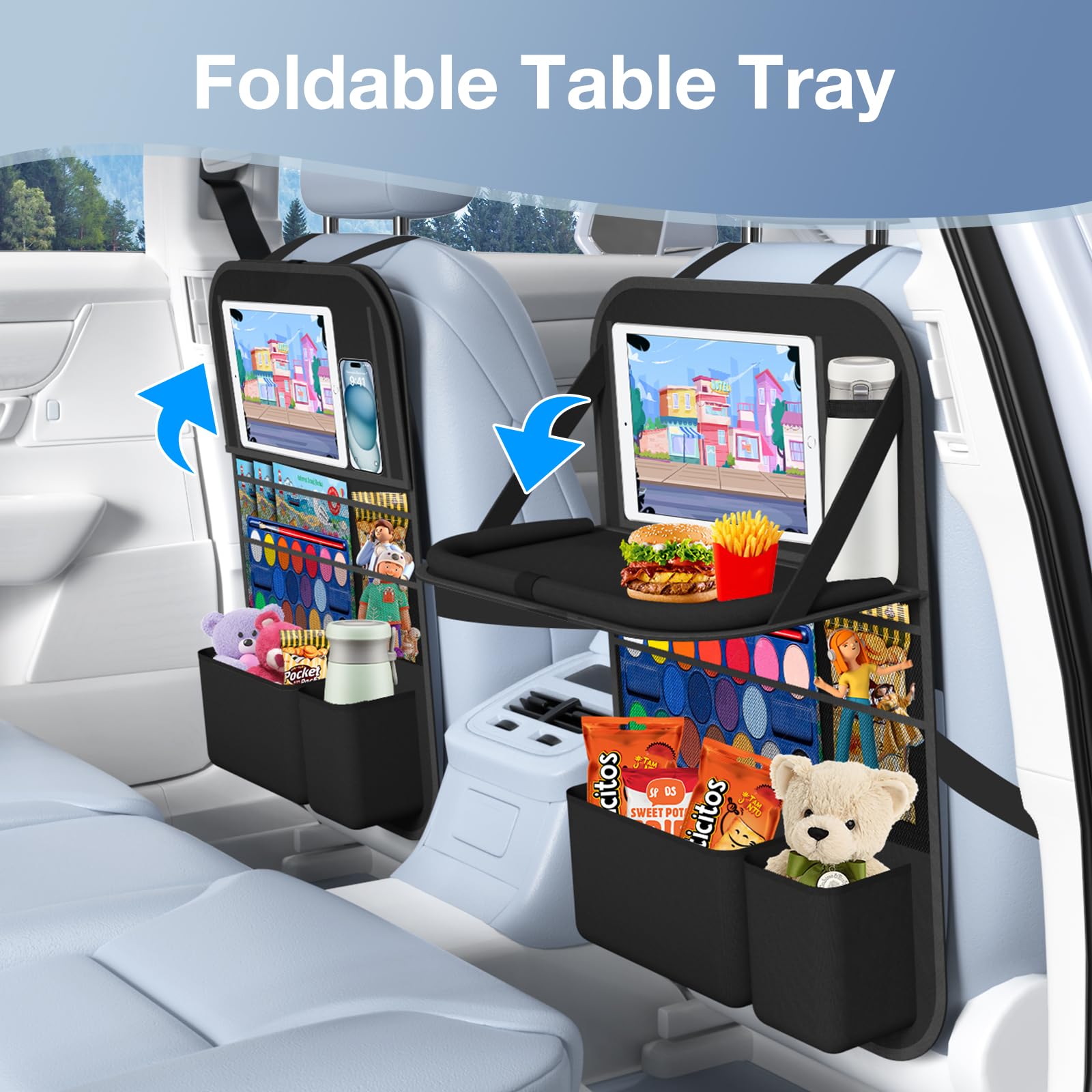 Oneyus backseat organizer in durable 600D Oxford fabric resists wear for long road trips.