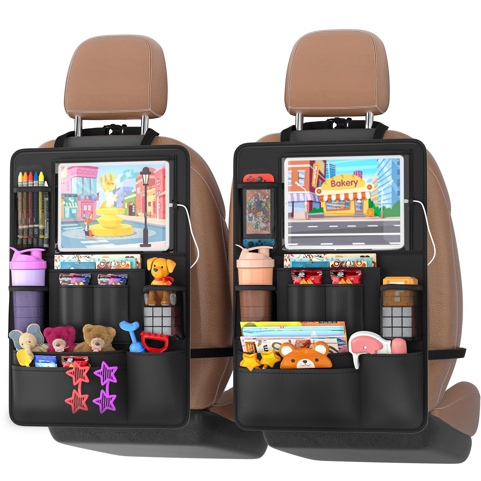 Oneyus backseat organizer with touch screen slot for kid-friendly entertainment.