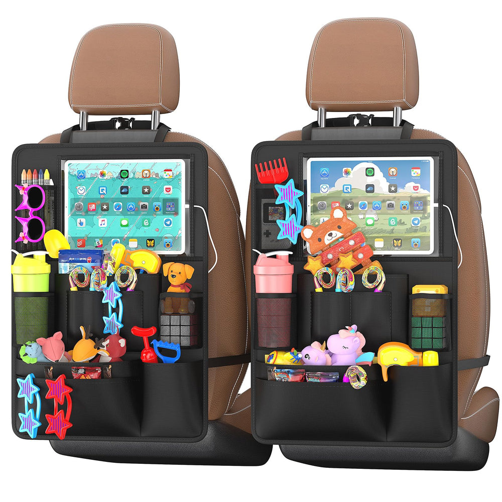 Oneyus backseat organizer with touchscreen opening keeps tablets within reach for kids