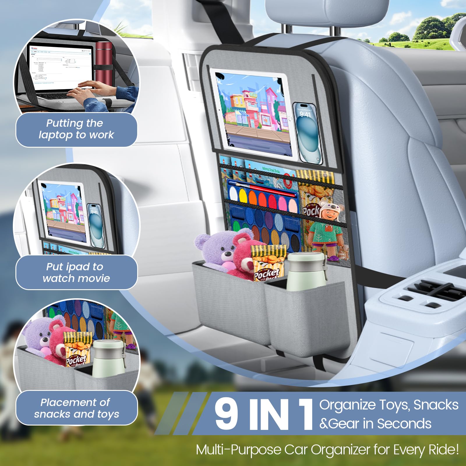 Oneyus backseat organizer features a waterproof back panel to protect seats.