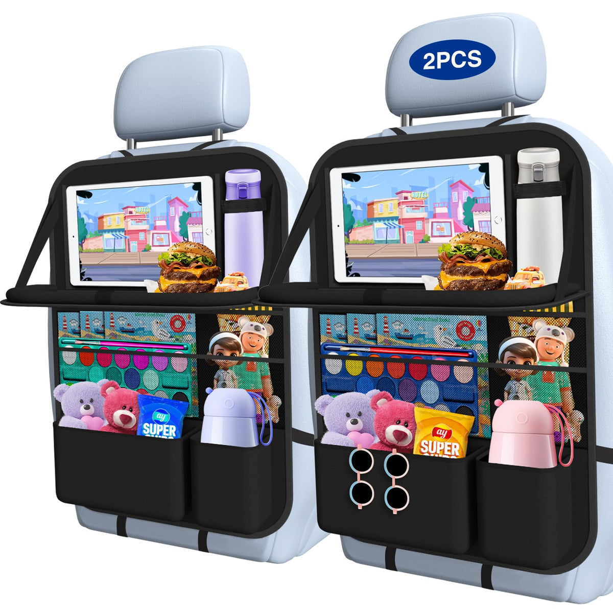 Oneyus car backseat organizer with foldable table tray enables easy meals on the road.
