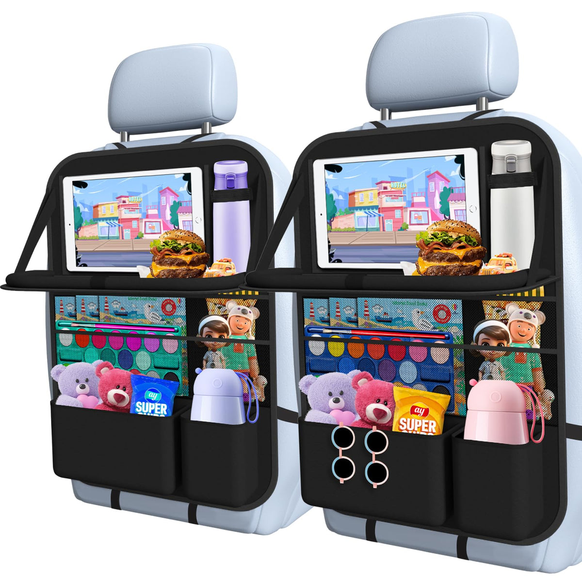 Oneyus car backseat organizer with table tray keeps essentials organized on road trips.