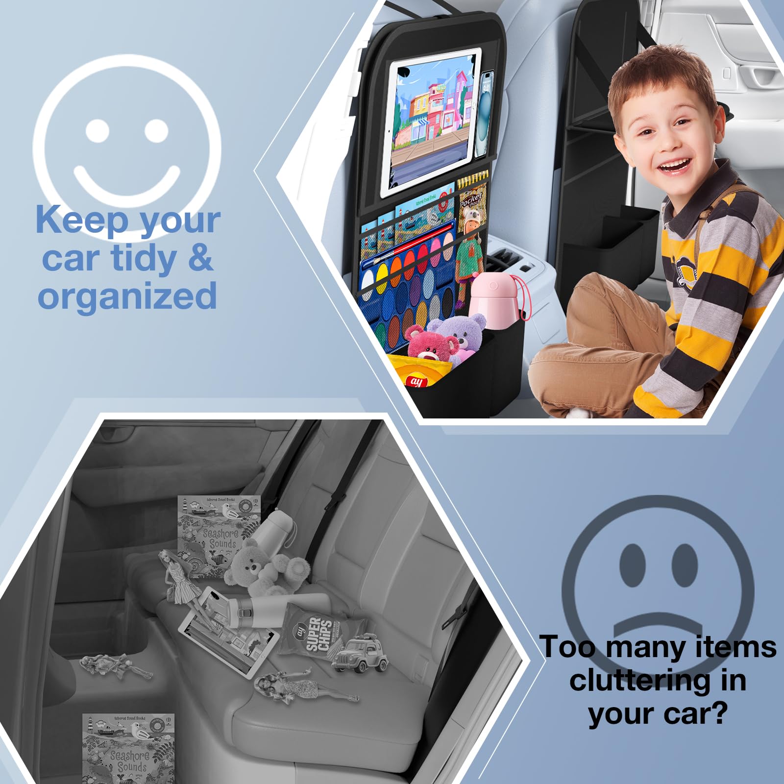 Oneyus spacious storage with mesh pockets for toys, bottles, and cables.