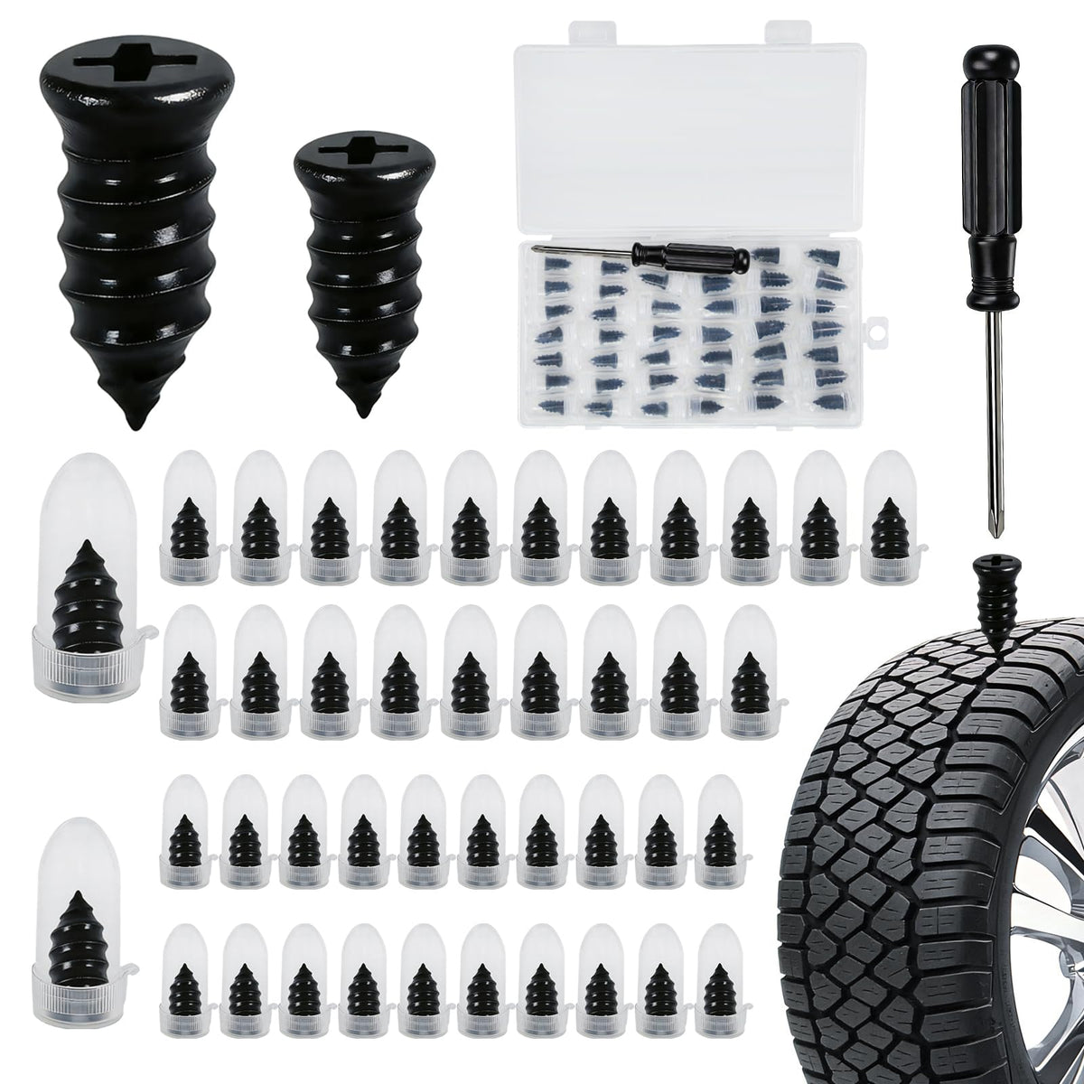 Onfunlee Tire Plugs Kit 40pcs open pack for quick roadside fixes.