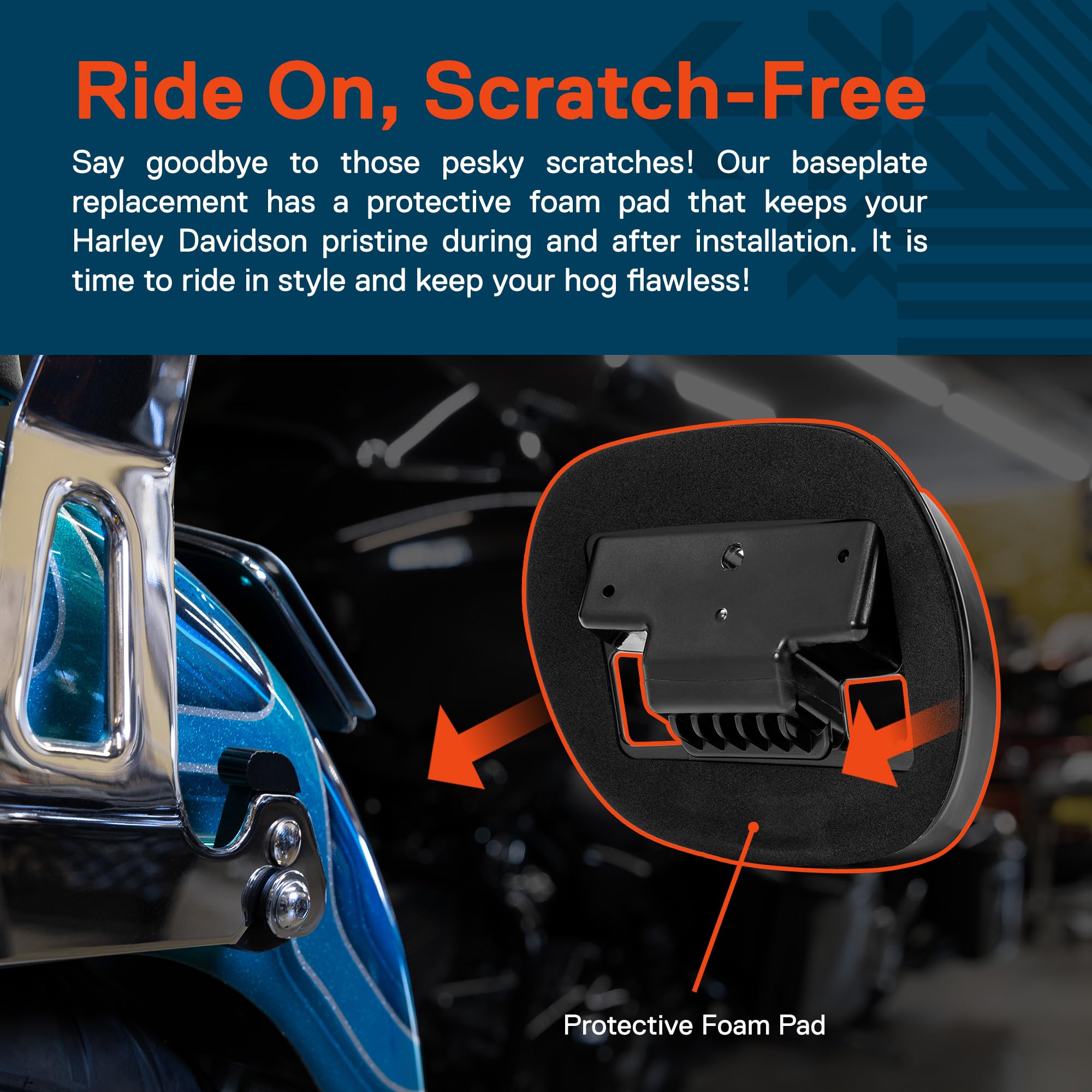 Chrome tail light baseplate installed on Harley provides secure mounting.
