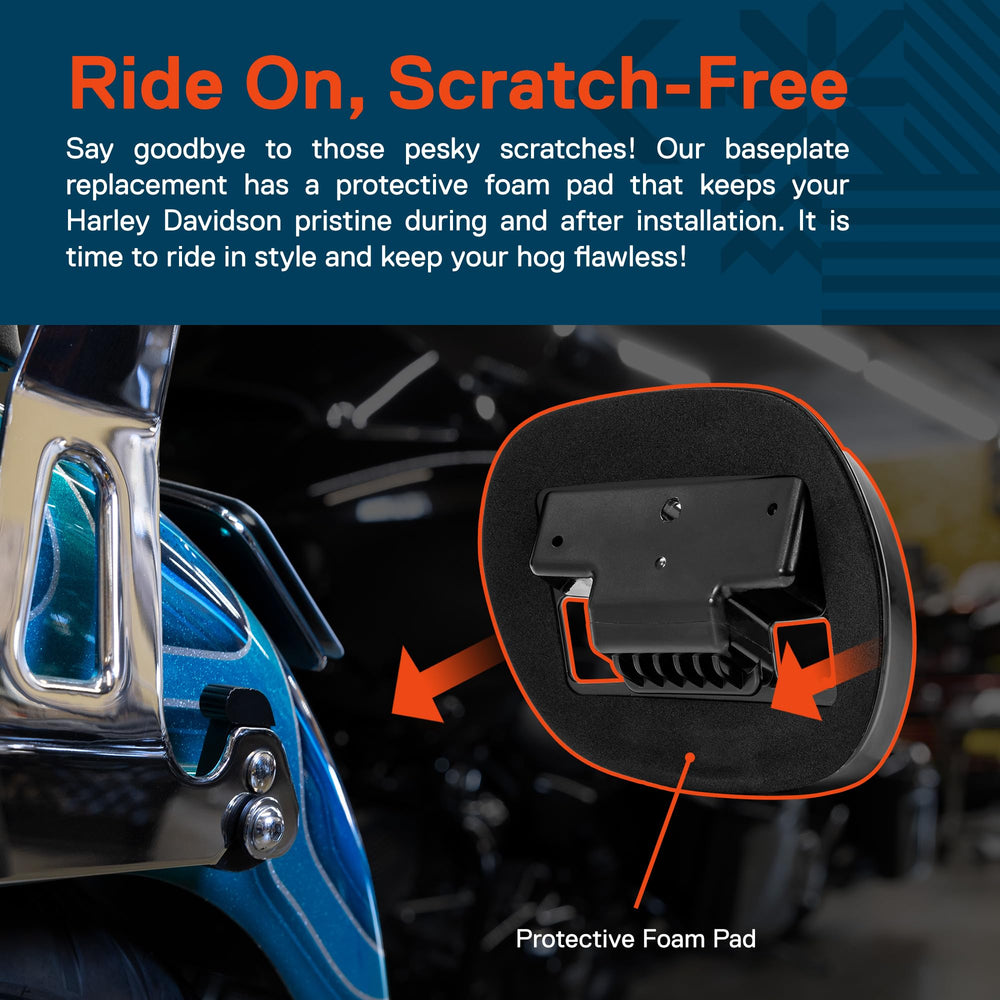 Chrome tail light baseplate installed on Harley provides secure mounting.
