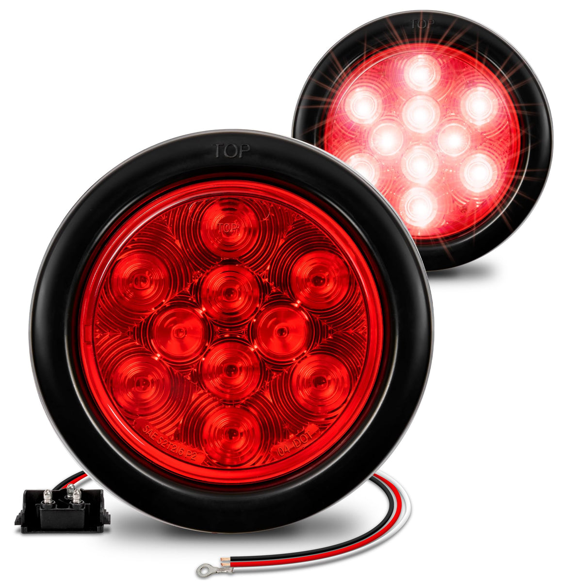 Online LED Store TRUE MODS 4in round red tail light side view with bright visibility.