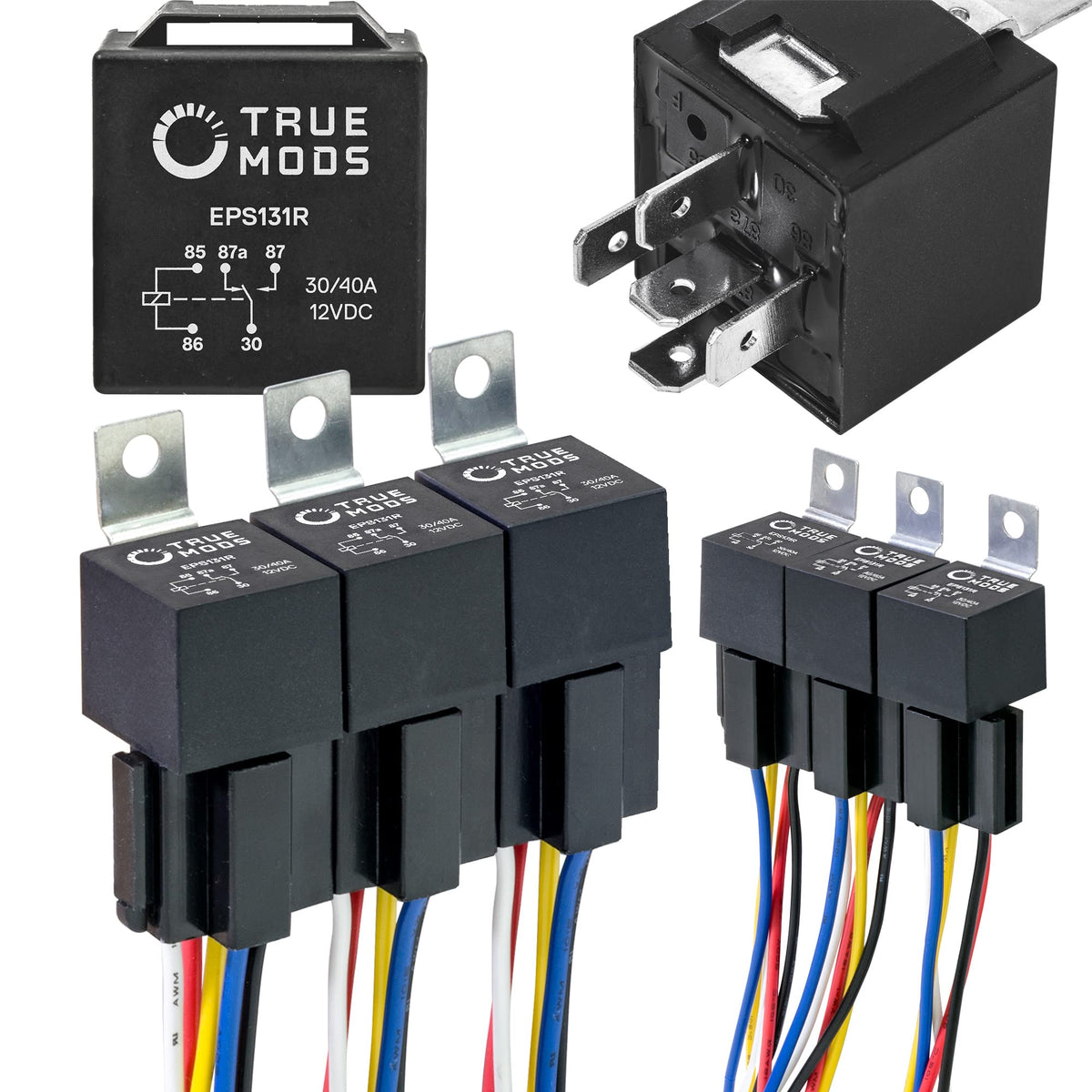 ONLINE LED STORE True MODS 6-pack Bosch-style 5-pin 12V relay kit for reliable automotive switching.