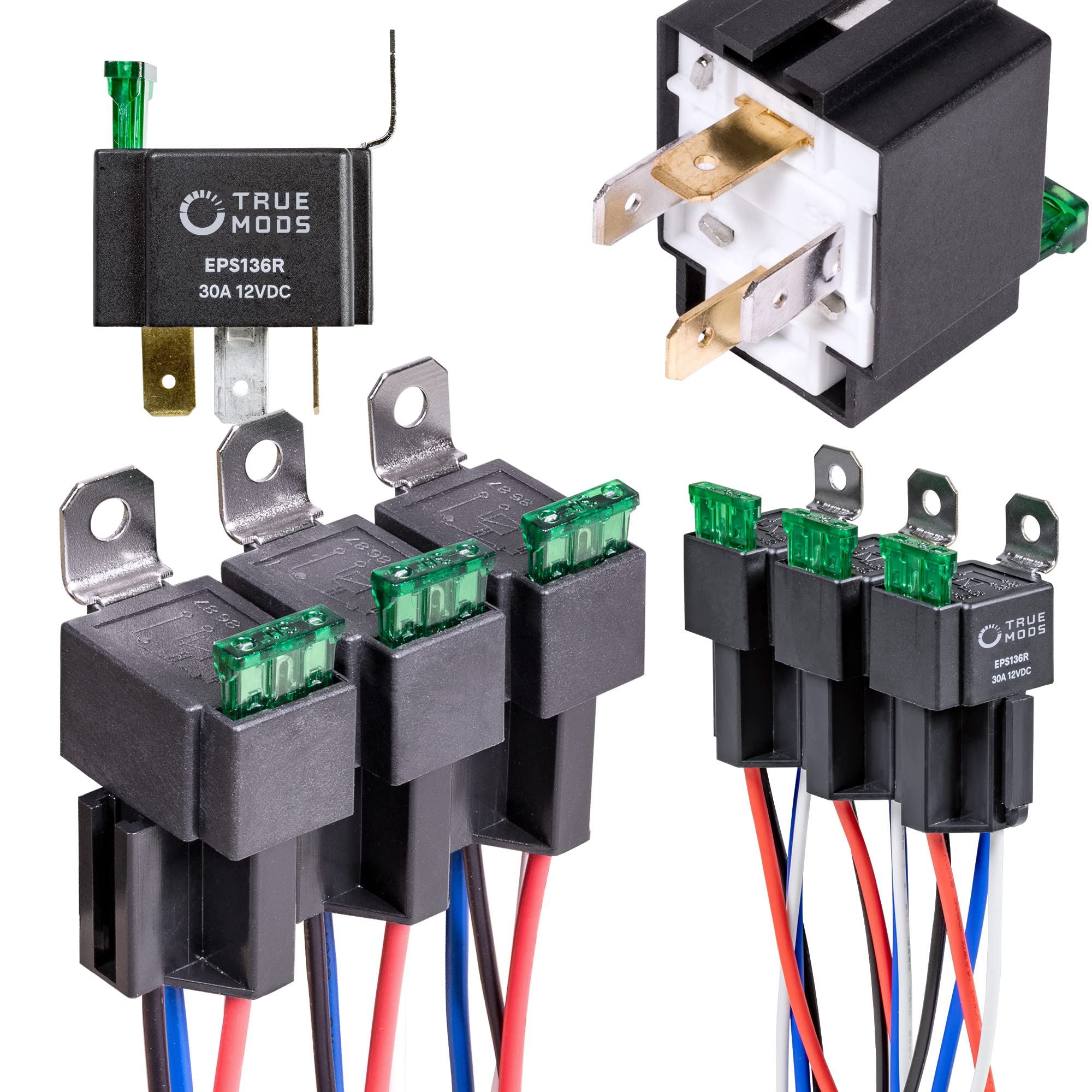 ONLINE LED STORE True MODS 6-pack relay kit front view for quick automotive wiring.
